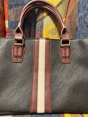 Vintage Bebe Classic Black Leather Bag with Brown and Cream Stripe